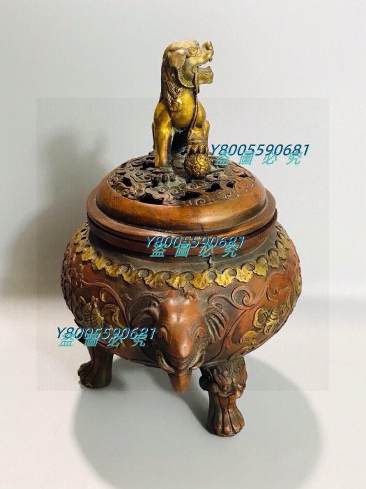 老銅鎏金吉祥獅子香爐尺寸：高:25寬：22cm重量：125Z326728 【景天閣