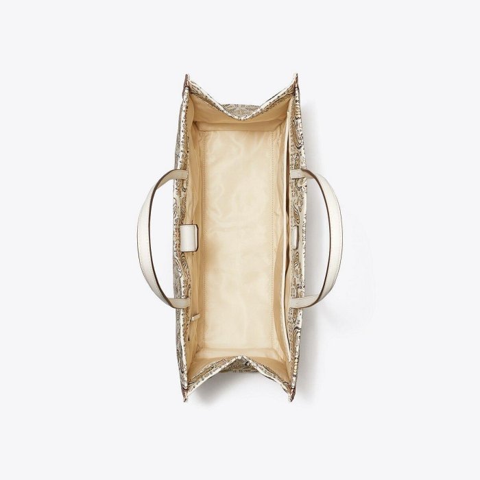 【TORY BURCH】專櫃經典款  Ella 中款復古花卉圖騰帆布手提包/托特包