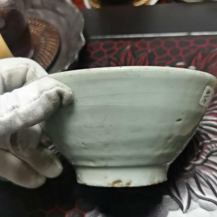 李朝青白瓷茶碗大開門老物件日本回流精品瓷器李朝青白瓷抹茶碗胎質細膩 