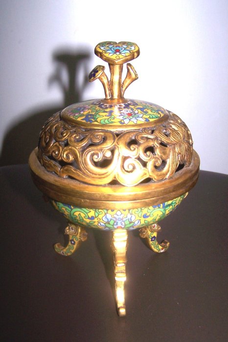 古】1745 七宝焼景泰 藍 琺瑯 三足 香道具