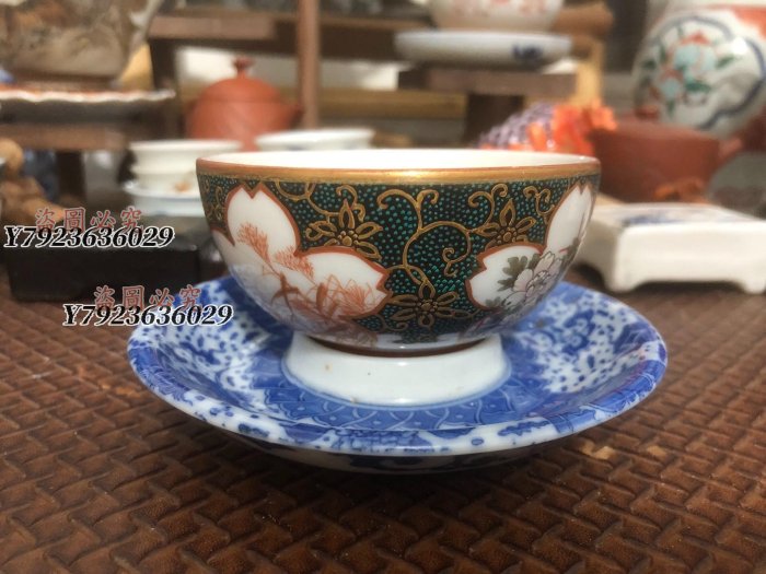 道八染付盃 3 點 京燒 染付盃 古美術 高 4cm 明治陶工高田原平青花染付杯托，“京燒三平”之一，原平精製底款尺寸：外