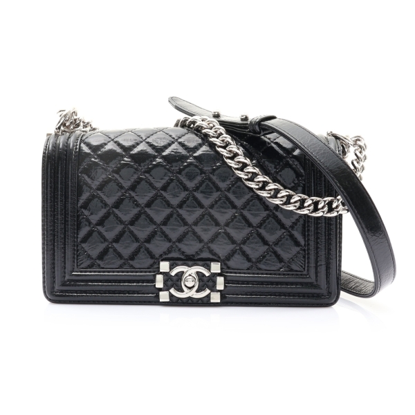 CHANEL 香奈兒 BOY 25 肩背包 黑色 菱格紋漆皮 銀扣 (無卡) A67086 【二手名牌BRAND OFF】