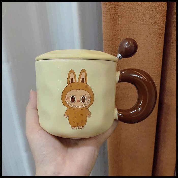 Labubu可愛杯子陶瓷馬克杯高顏值陶瓷杯帶蓋拉布布水杯情侶咖啡杯