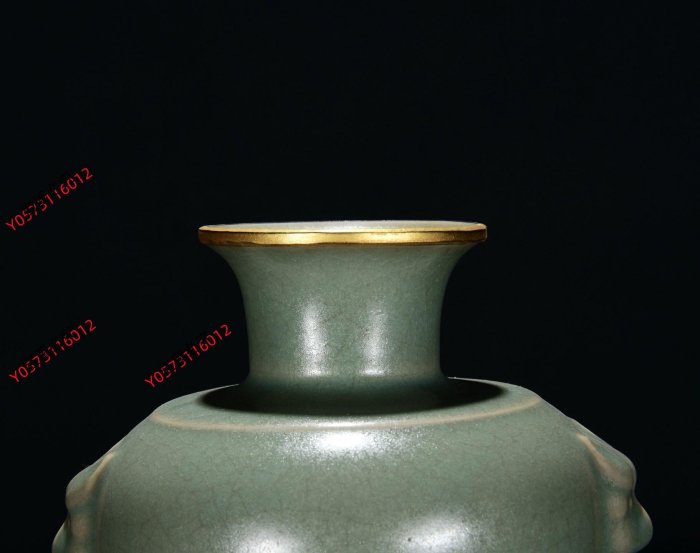 舊藏宋汝窯天青釉包金口虎頭瓶尺寸高22寬12.520xq87491古玩收藏擺件
