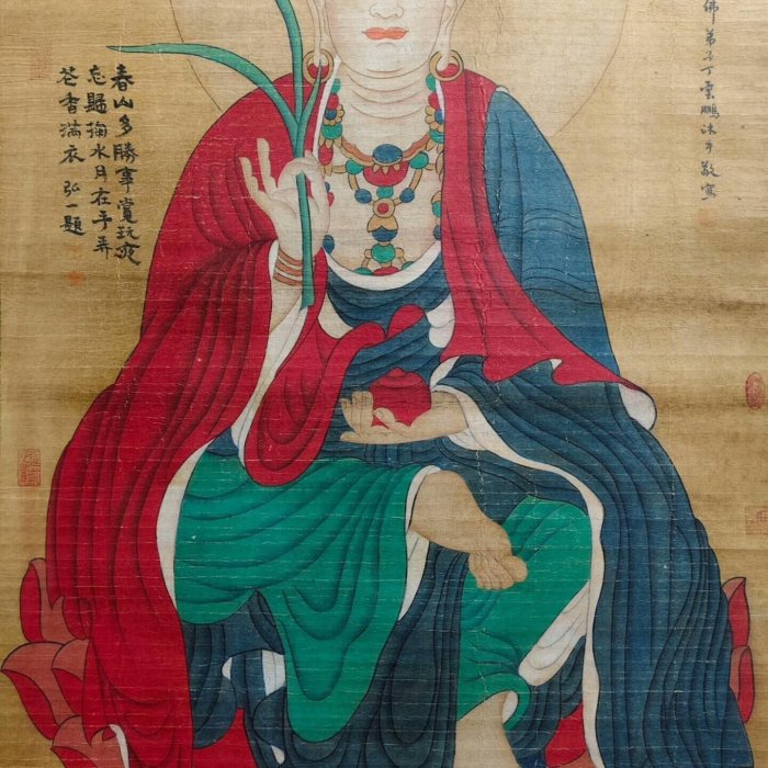 四尺中堂明丁云鵬佛像（佛像） 純手繪，三色裝帶搓紋，材質宣紙裱好