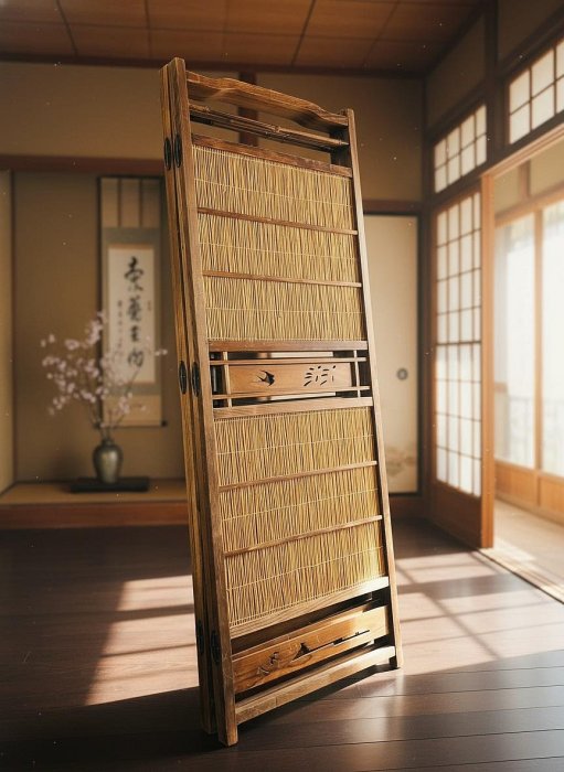 衝立(簾) 和風　和室　骨董 5/31結標日本和室四折簾屏風竹編木框古民家衝立隔間CEE1177 --搜索用