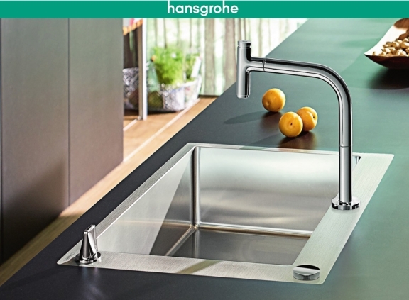 【麗室衛浴】德國HANSGROHE C71 水槽龍頭/立式龍頭＋水槽組合 43202 連動按鈕開關 適合中島/吧檯