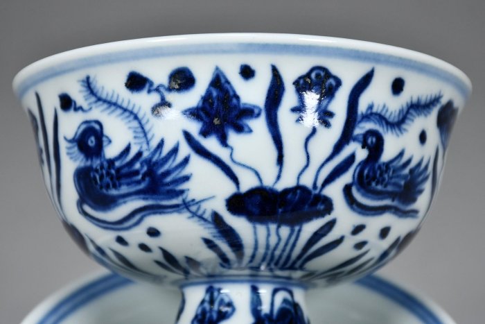 大明宣德年制青花鴛鴦戲水高足杯600高8厘米直徑9厘米12849【憶仟堂】民