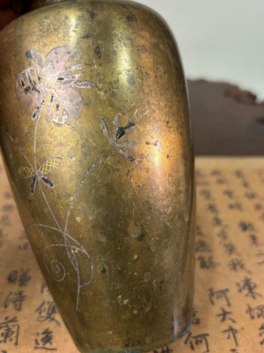 花瓶 銀鑲嵌 古銅製 日本銅器嵌金銀花草紋花瓶花器老物件收藏高15cm寬8cm重665g | Yahoo拍賣