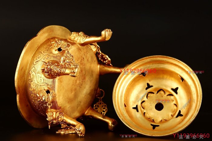 唐代銅鎏金鏤空香爐，重1173克高24厘米寬16厘米舊藏收藏古玩【大開門