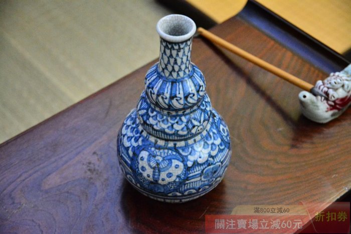 可議價朝鮮.李朝白瓷青花.蝴蝶波濤紋葫蘆瓶傳統手作蘇麻離青滿工（帶