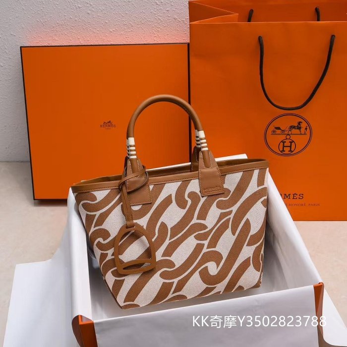 KK二手真品 HERMES 愛馬仕 Steeple 25 H Plume帆布拼Swift小牛皮 Tote包 購物袋手提包 淡褐色拼米色 H084533CKAC