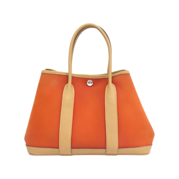 HERMES 愛馬仕 橘色 帆布 negonda牛皮 Garden party 30 手提包 銀扣 Z刻 【二手名牌BRAND OFF】