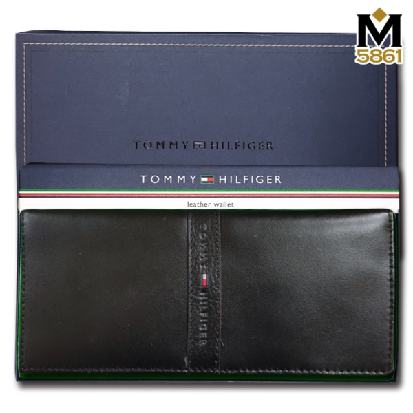 【Tommy】Tommy Hilfiger 男皮夾 長夾 牛皮中標設計 多卡夾 三鈔層 品牌盒裝／黑色