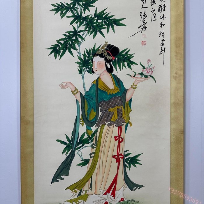 純手描き 張大千 人物画 掛軸 四尺中堂 AJ215【張大千】仕女四尺中堂畫貼雙信札純手繪作品裝裱尺寸: 【東方