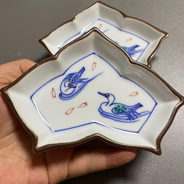 日本回流辻常陸皿帝室御用十四代辻長陸作鴛鴦戲水手簽款暗刻款昭和有田