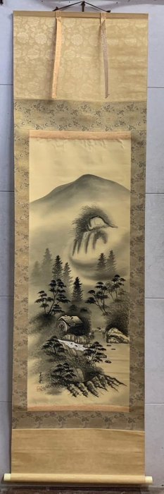 藏舊尋寶屋】老日本畫家玉泉作落款水墨山水圖畫軸/掛軸《絹本