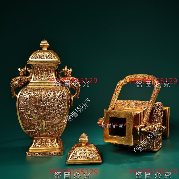 純銅浮雕鏨刻鎏金提梁花瓶品種保存完好工藝精湛造型獨特別致重2700克帶