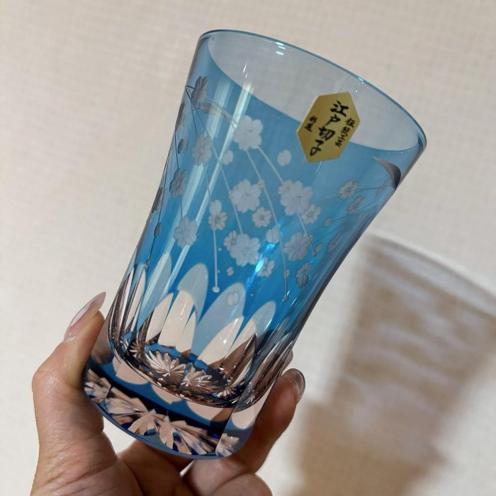 日本迴流彩鳳硝子工房江戶切子藍色水晶杯/酒杯/水杯/主人杯/ 舊藏 古玩 古董 【泰古堂玉石店】-1823