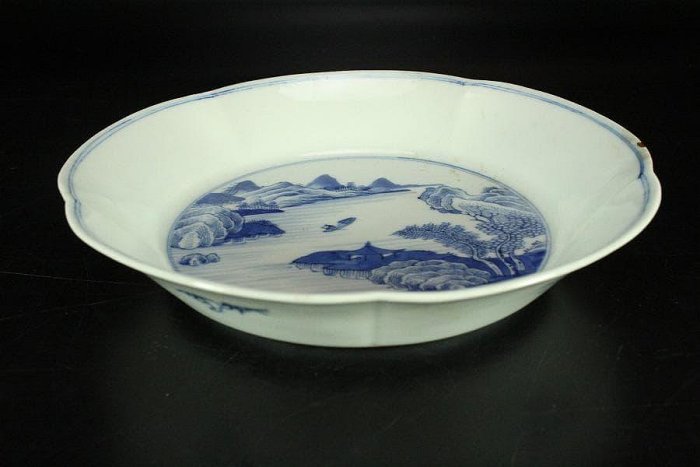 中国美術 青花 山水舟紋 盤 φ20.5cm 嘉慶年製(K-LC657) 【公式通販】