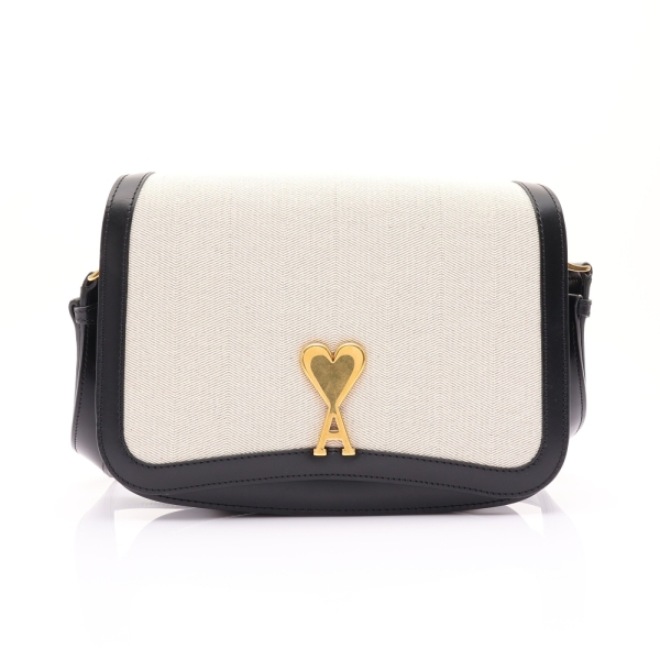 AMI Paris 肩背包 米白/黑色 牛皮 帆布 FLL004AW0004177【二手名牌BRAND OFF】