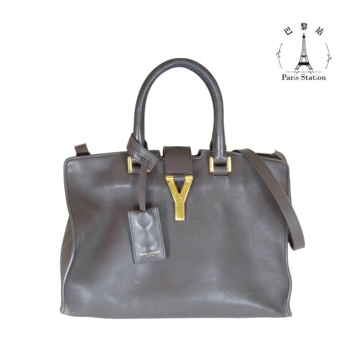 【巴黎站二手名牌專賣店】＊現貨＊YSL真品＊Petit Cabas灰色小牛皮金色Y釦手提兩用包 醫生包 斜揹包(小)