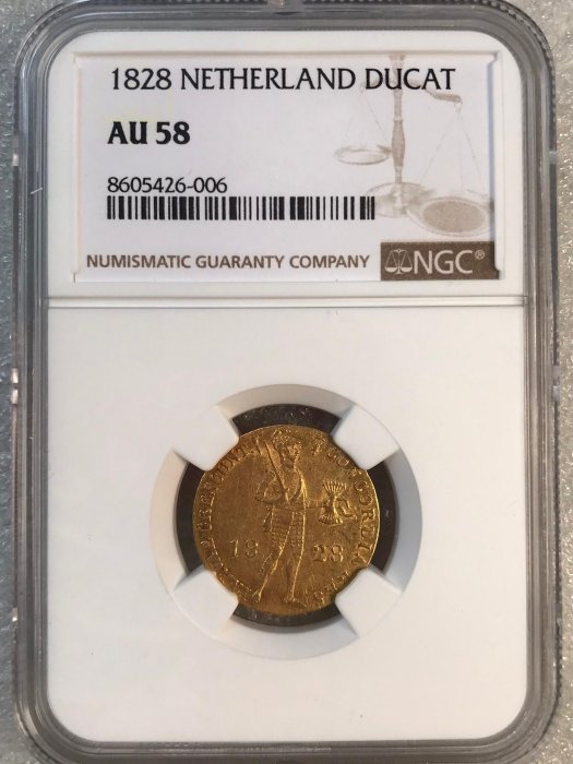 1828年荷蘭杜卡特金幣，聖彼得堡版，NGC AU58分，3.5克重，君主權杖