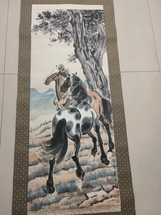 嚴選徐悲鴻創作雙馬老裱立軸，畫芯尺寸100x60cm 老字畫立軸馬畫| Yahoo拍賣
