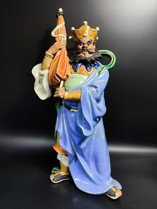 早期石灣陶老件-大型風調雨順之多聞天王#01（名家：林偉東）高45公分