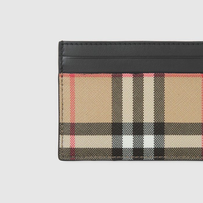 【BURBERRY 巴寶莉】經典格紋Vintage 拼皮革卡片夾名片夾 (卡其/黑)