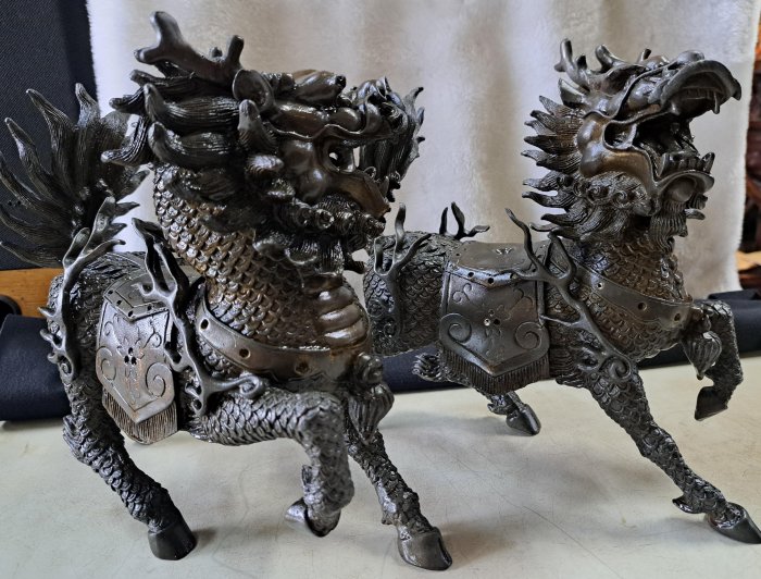 二手鋪NO.8555 早期古董銅雕神獸火麒麟一對招財賜福辟邪化煞銅器擺件