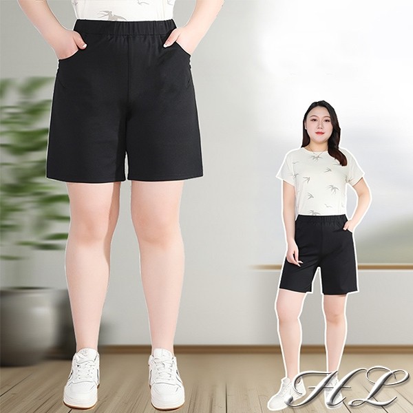 ‧HL超大尺碼‧【25050029】典雅鬆緊腰雙口袋棉短褲 1色
