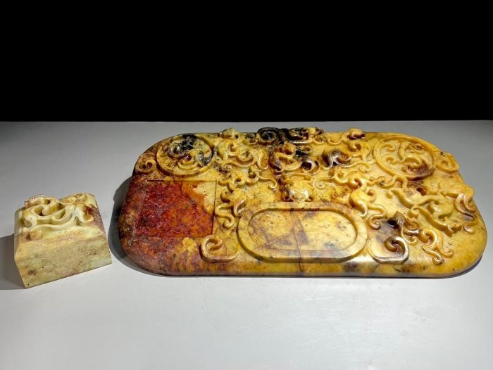 秦・古和田玉・高古玉彫・双羊鈕子母将軍印セット・套印』