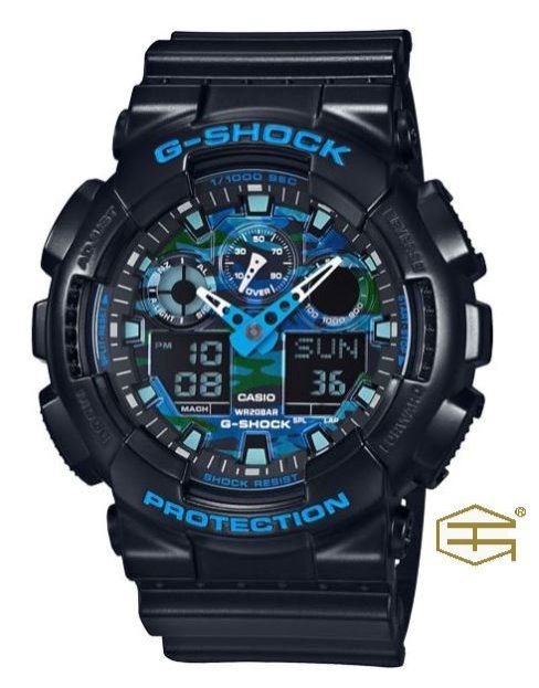 【天龜】CASIO G SHOCK 抗磁運動錶 叢林藍迷彩 GA-100CB-1A