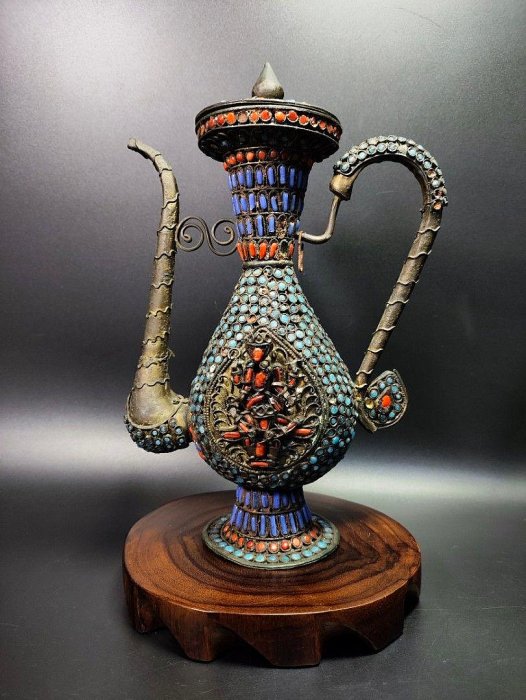 早期西藏手工老物- 藏銀花絲珊瑚綠松石銅酒壺（收藏/古董/天然/宗教