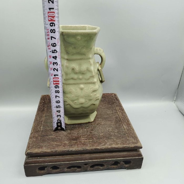 宋時代　石头釉　汝窑开片　双耳瓶　青磁 龍耳瓶 陶磁器 時代物　旧家蔵出し 仁】『宋・古陶瓷品・龍泉窯・包口・梅子青釉・雙耳瓶』極細工 古賞物