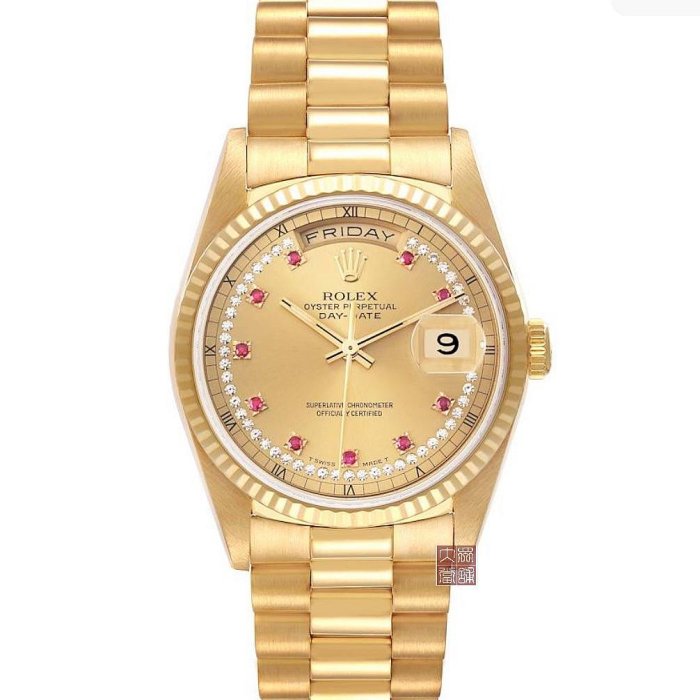 【大眾名錶】ROLEX 勞力士 18238 Day-Date 蠔式18K金 紅蟳錶 市場少見 小紅寶多層鑽面盤 大眾當舖B597