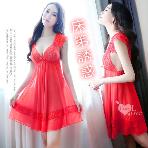 性感睡衣 床第誘惑！小蓋袖露背蕾絲半透睡衣 紅 531314
