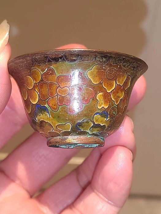 置時計　 アンティーク　骨董品　金彩　金属工芸　 景泰藍花卉紋　琺琅彩 日本回流民國景泰藍小碗銅胎掐絲琺瑯工藝外壁彩繪花卉內壁寶藍色釉尺寸