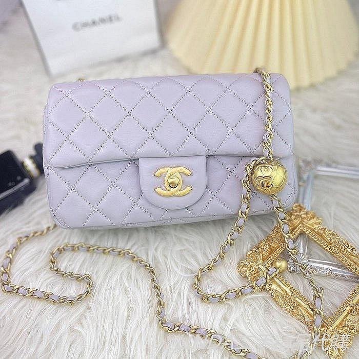 CHANEL 22b 淡紫 小羊皮 Mini coco 20 金球鍊 口蓋包 斜背包 AS1787