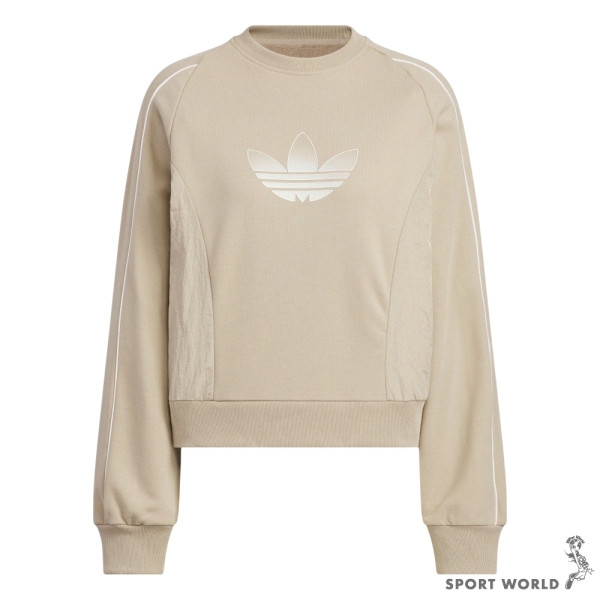 【下殺】Adidas 長袖上衣 女裝 寬鬆 大學T 卡其【運動世界】JN1646