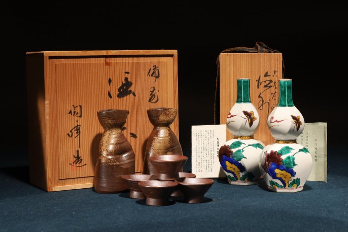 9/18結標名家陶峰造窯燒備前九谷極繪色戀花葫蘆型德利清酒器組原供箱二