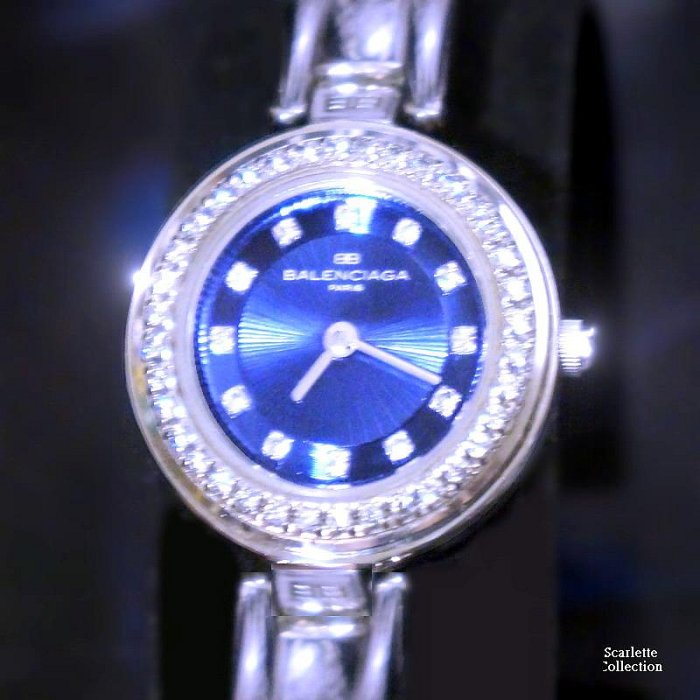 Scarlette【名品館】BALENCIAGA專櫃真品瑞士限量版巴黎世家天然白閃寶石手環錶一元起標 18萬多