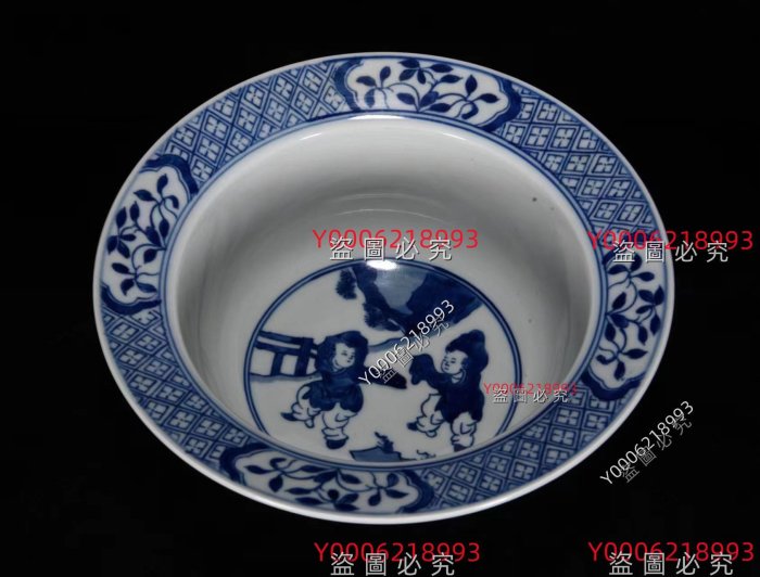 清康熙年青花人物紋折沿碗8.5*20m 舊藏古董古玩【豫園古玩】-2098