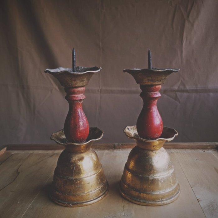 已售出】舊年代老件古鋁質木燭台古燭台老燭台早期燭台古雅靜美宗教收藏