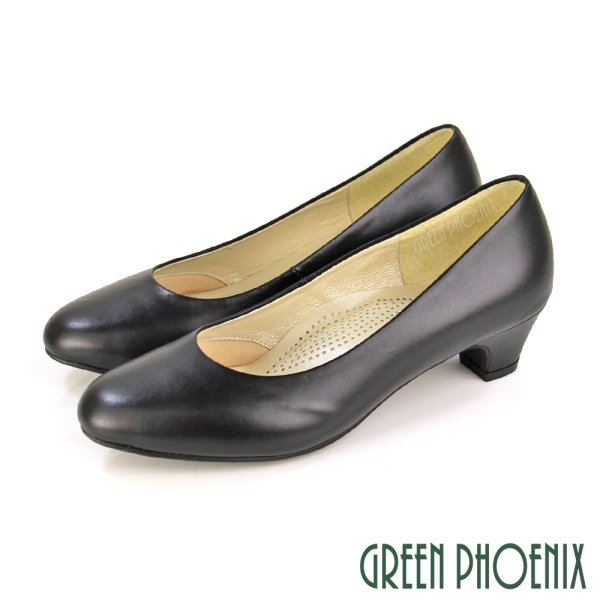 女高跟鞋 粗跟包鞋 低跟 微尖頭 全真皮 素面 OL 面試 通勤 台灣製【GREEN PHOENIX 波兒德】U23-20681