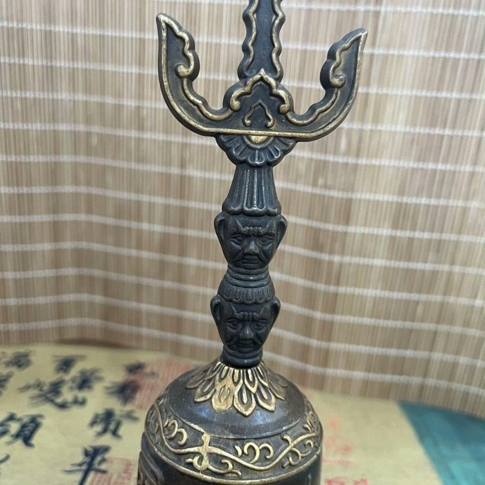 道家純銅天蓬鈴三清法器三叉鈴鐺手搖銅鈴太極法鈴黑色銅身金色花紋做工