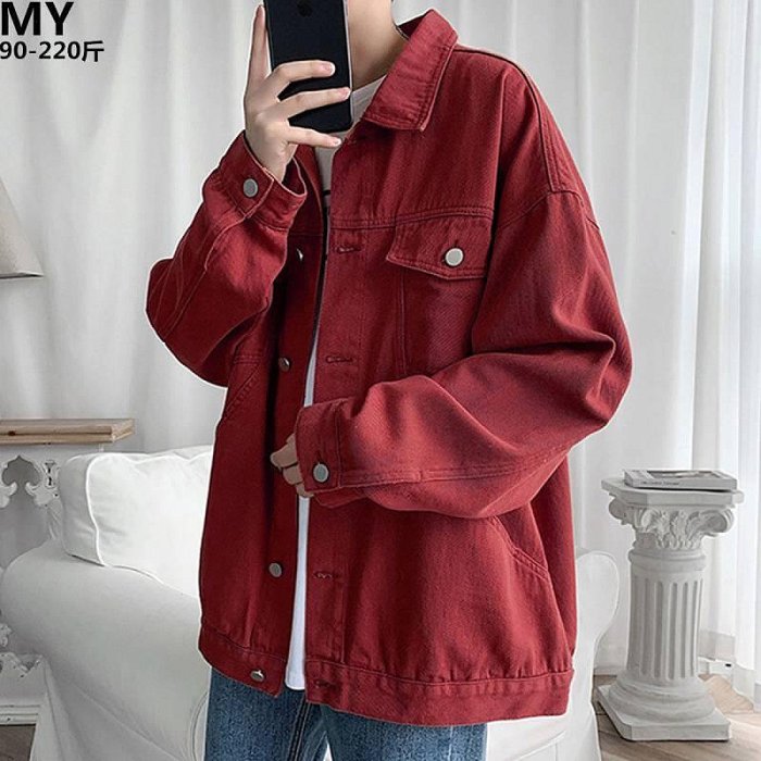 【精品】ins街頭酒紅色牛仔外套男春季加肥加大碼潮胖人寬鬆百搭工裝夾克