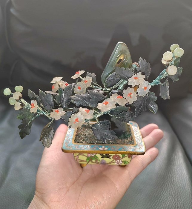 日本回流景泰藍玉石盆景花葉玉石材質景泰藍花盆工藝精細造型獨特尺寸約