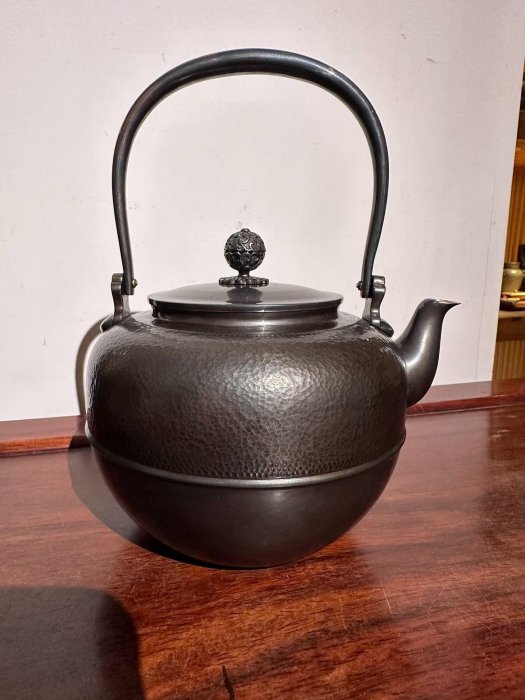 純銀製 渦紋 锥目打 湯沸 銀瓶 煎茶道具 純銀湯沸的